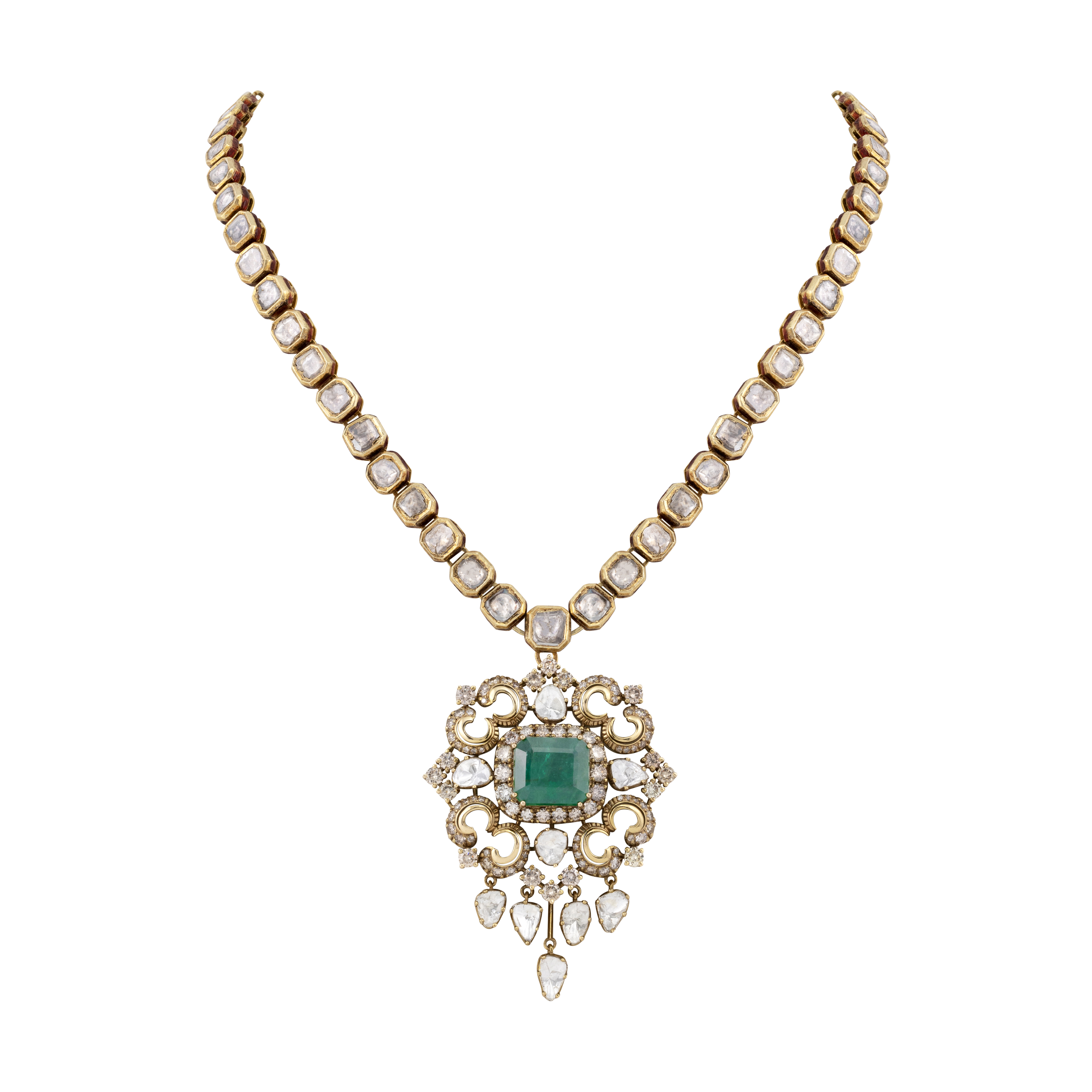Victorian Pendant with Zambian Emerald and Polki Diamonds